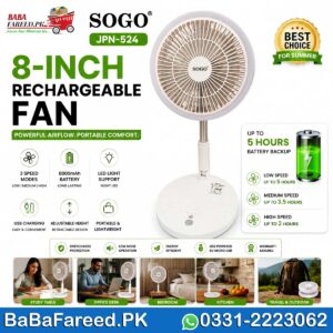 SOGO JPN-524 8 Inch Rechargeable Fan with Adjustable Telescopic Stand and LED Ring Light