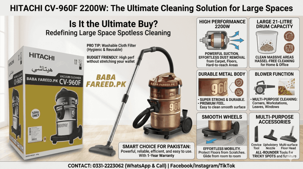 Hitachi CV-960F 2200W Vacuum Cleaner description image and contact baba fareed on facebook
